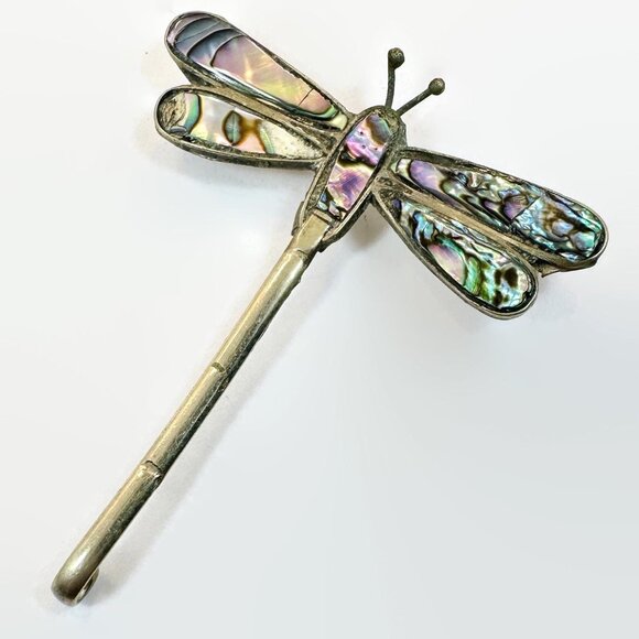 Dragonfly Brooch, Mexico, Alpaca Silver, Abalone Shell, Vintage Pin, Dragonfly - Picture 2 of 3